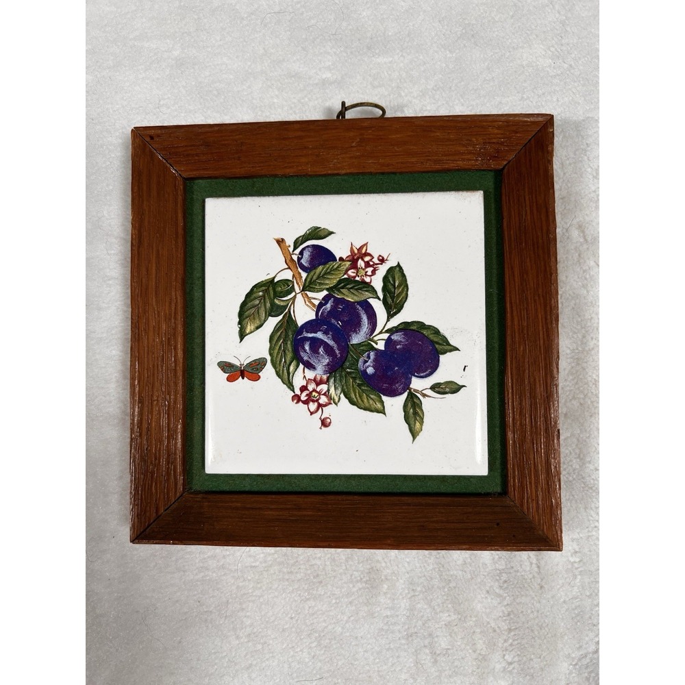 Vintage Napcoware Framed Ceramic Tile Wall Plaque Purple‎ Plum Botanical M-6835